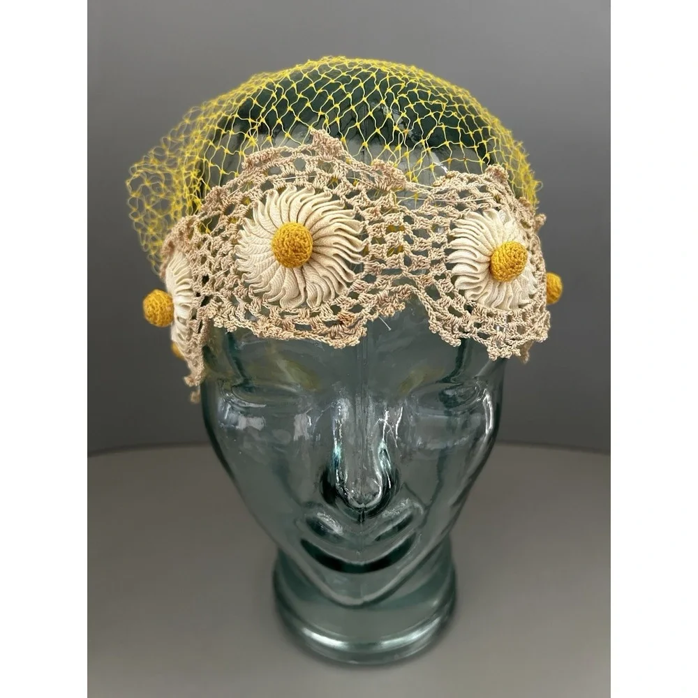 Vintage Crochet Daisies Net Daisy Hat Cap Flapper Deco Hippie Boho